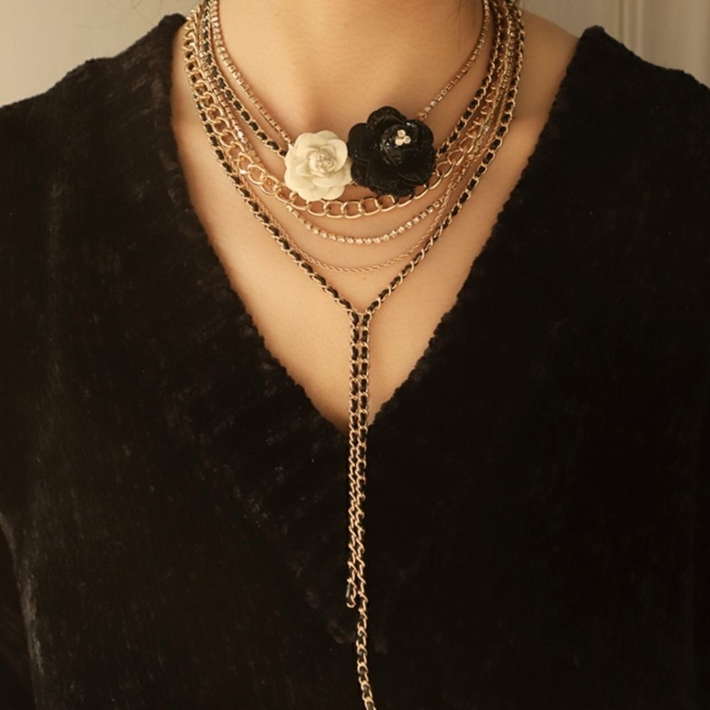 Textured Multi Strand Rhinestone Faux Leather Flower Necklace